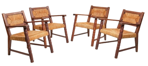 MOD 2051 Suite de 4 fauteuils en chêne et paille circa 1950