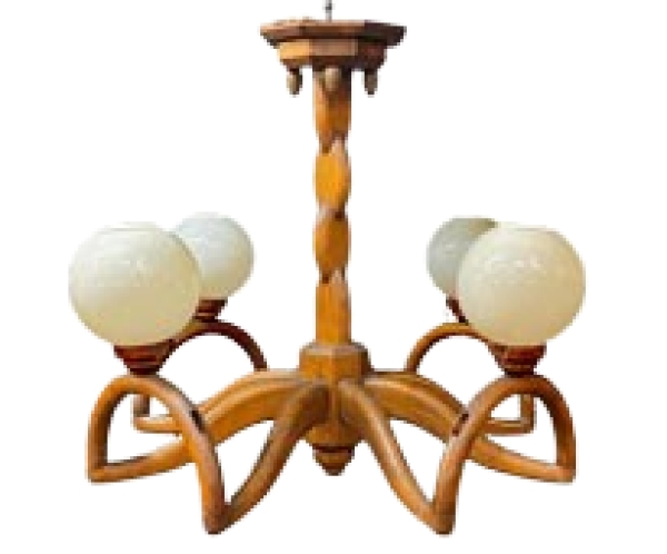 MOD 1681 Guillerme et Chambron, lustre en chêne et opaline