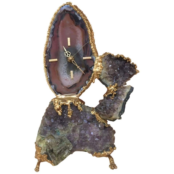 MOD 1252 Robert Duval Brasseur Pendule En Bronze Et Agate Circa 1970